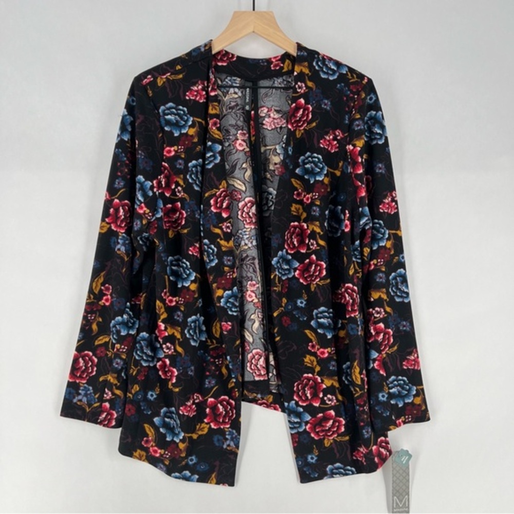 Massini Dark Floral Print Stretch Crepe Knit Draped Open Front Blazer Jacket